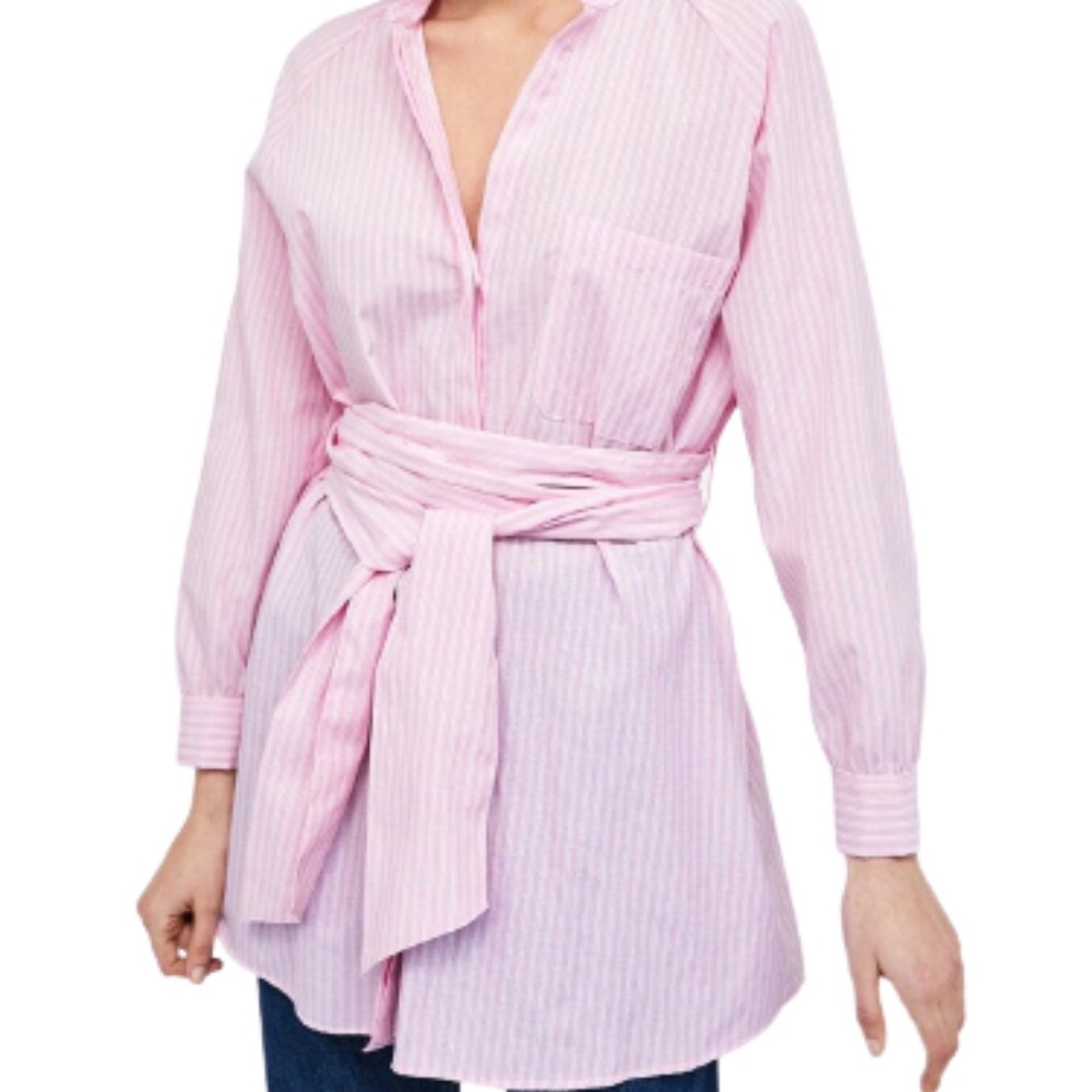 Zara Long Striped Shirt with Bow Pink Striped XL